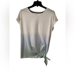 Zelos S tie-dye short sleeve side tie top white teals. tie-dye splotchy in back.